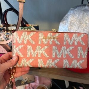 Michael Kors Pink MK Monogram Zip Wallet with Gold Hardware
